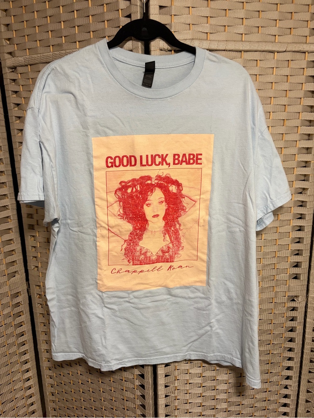 Good Luck, Babe Chappell Roan Graphic Tee in Light Blue with Pink Print
